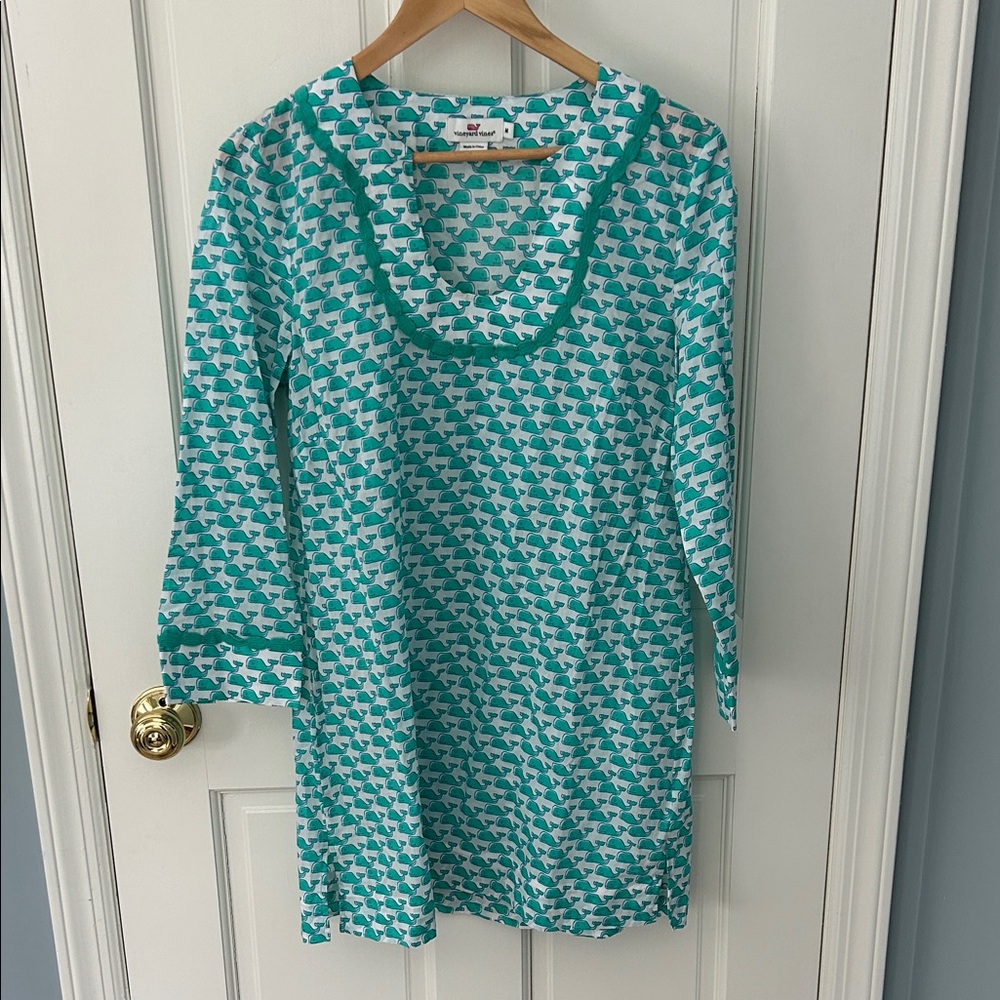 Vineyard Vines Turquoise and White Whale Print 100% Cotton Cover Up, sz M, EUC!